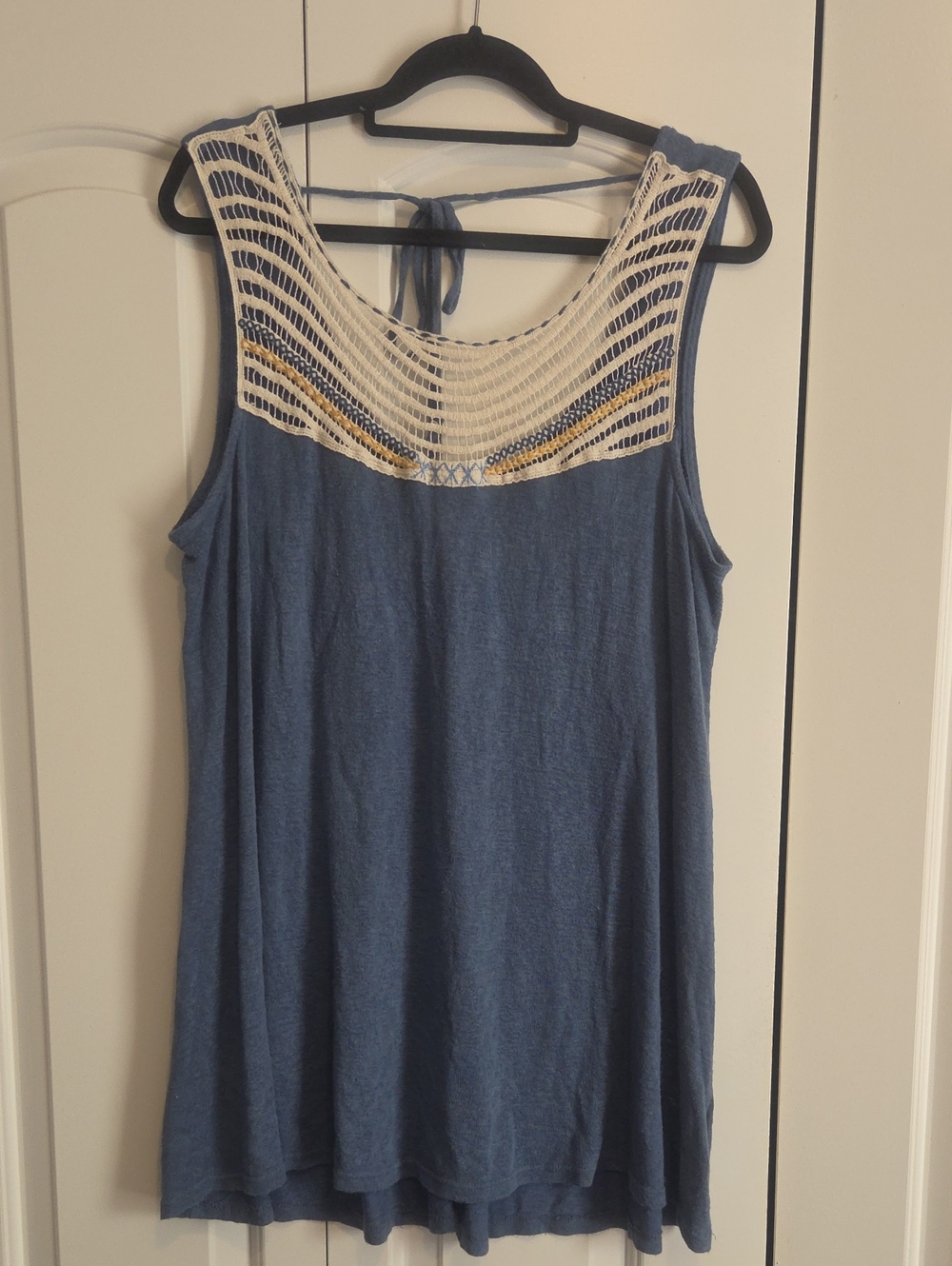 Wallpapher Blue Tank Top with Cream Crochet Yoke